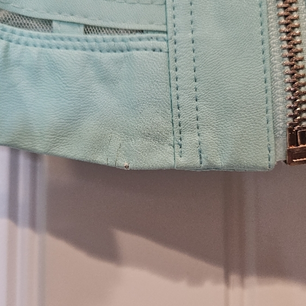 Mesh Light Aqua Open Weave Zip-Front Moto Pleather Jacket - Picture 7 of 11